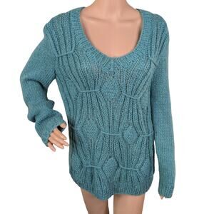 VTG In Lieu Hand Knit Sweater M | Turquoise Chunky Cable Textured Fuzzy Shaggy
